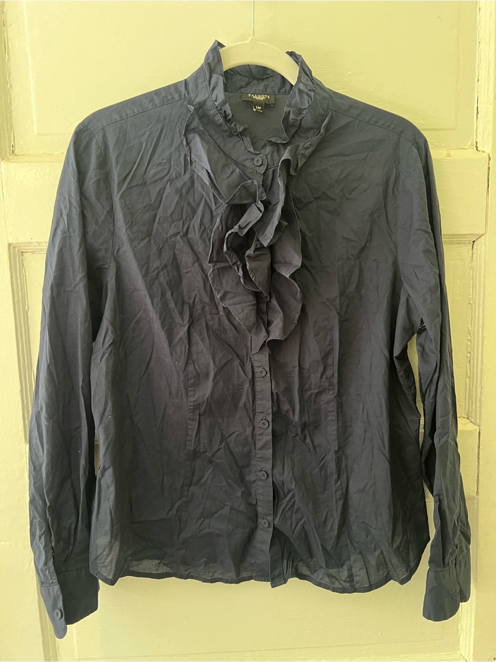Women’s Navy Blue Long Sleeve Blouse with Ruffled Placket & Collar